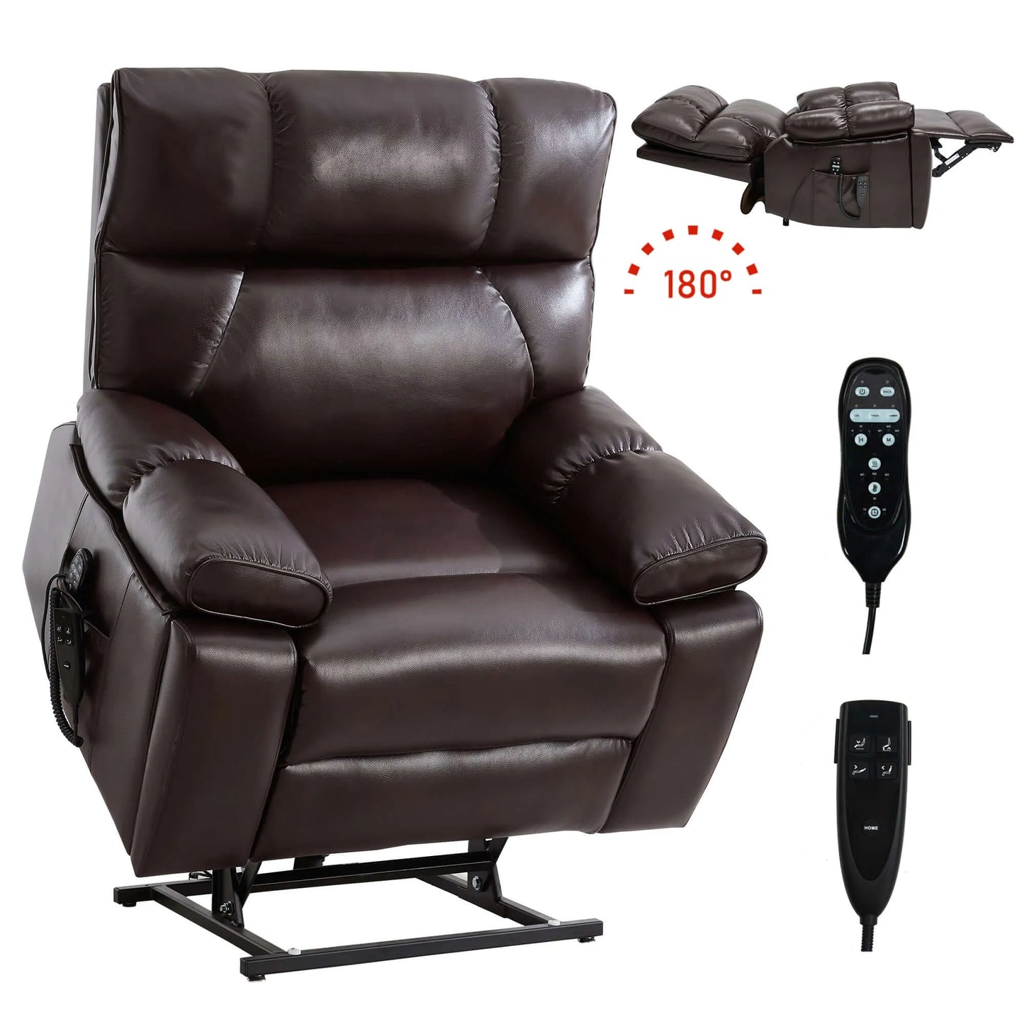 Brown leather recliner chair with remote control on a white background