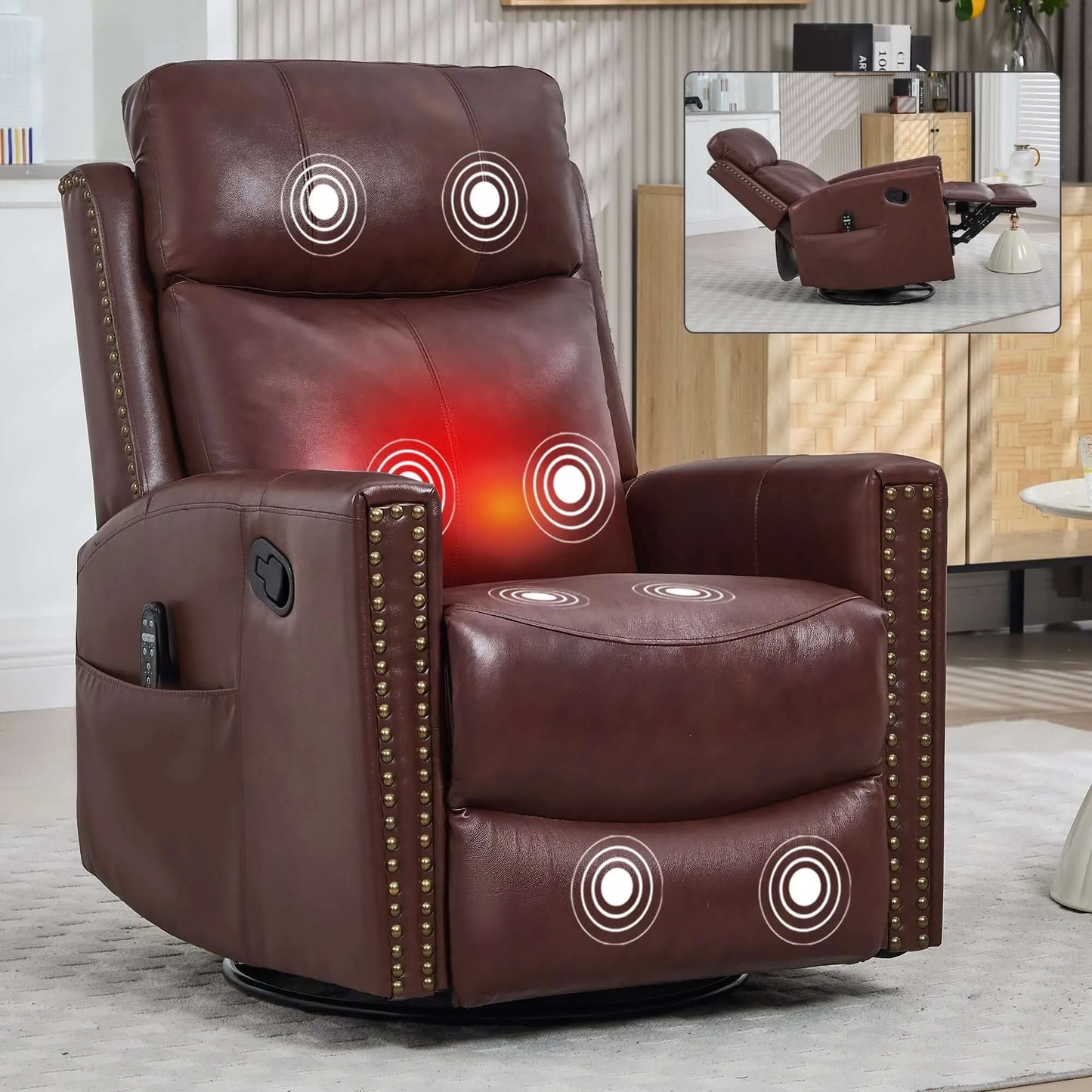 Brown leather recliner chair with massage points and remote control, shown in a living room setting.
