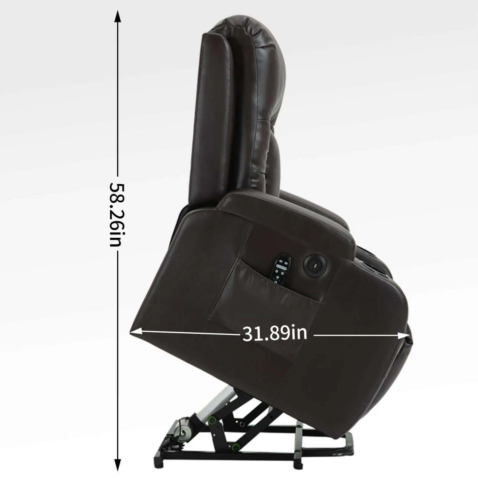 Dark brown leather recliner chair with measurements on a white background