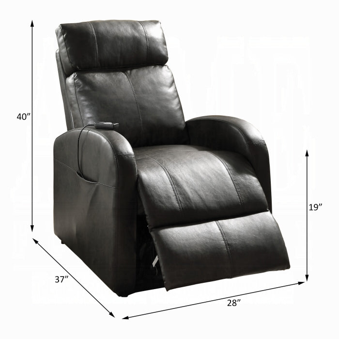 Dark brown leather recliner chair with dimensions on a white background