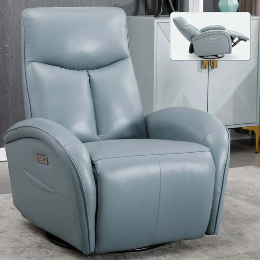 Blue Genuine Leather Swivel and Rocker Power Recliner Chair