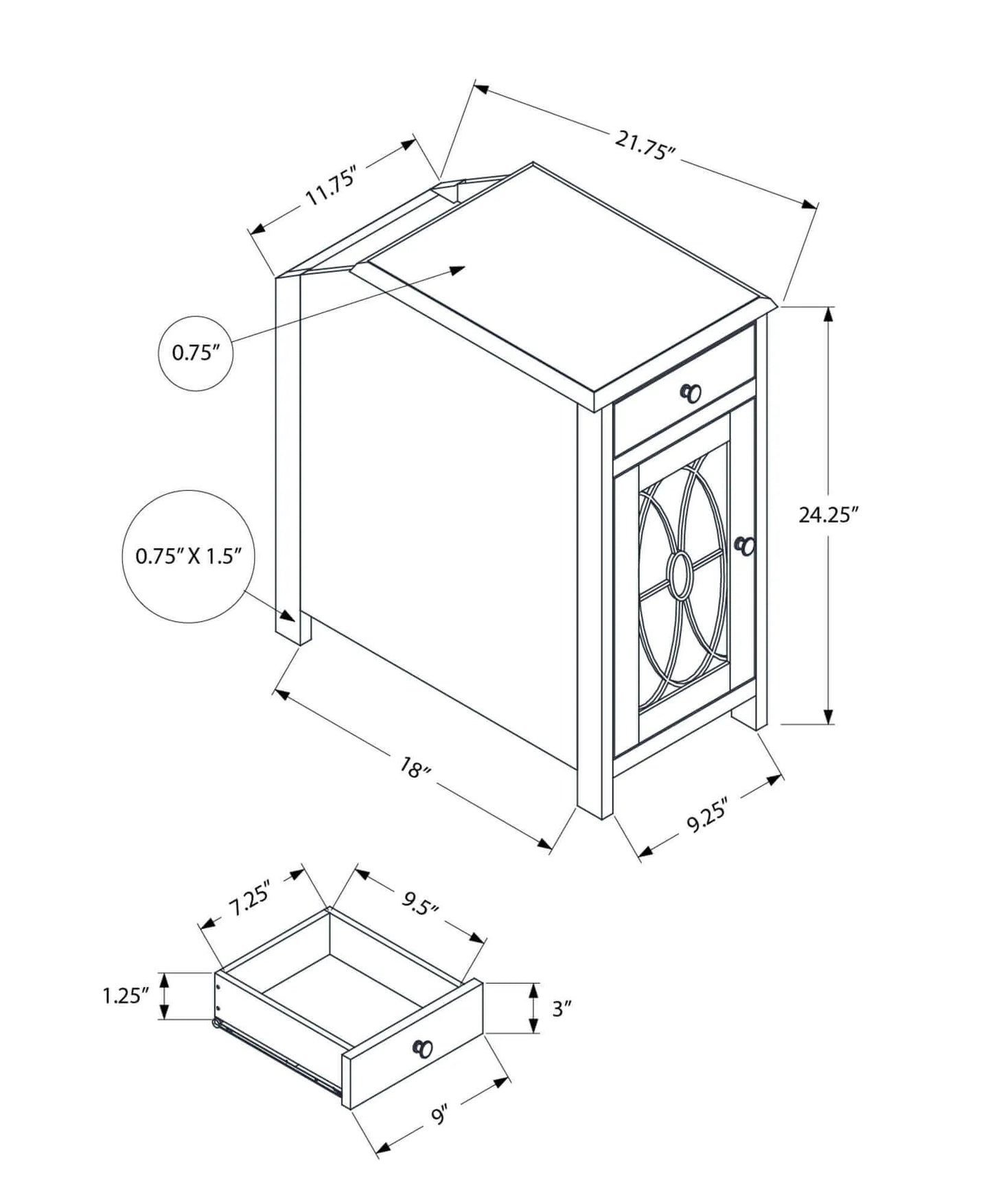 Technical drawing of an end table with dimensions labeled