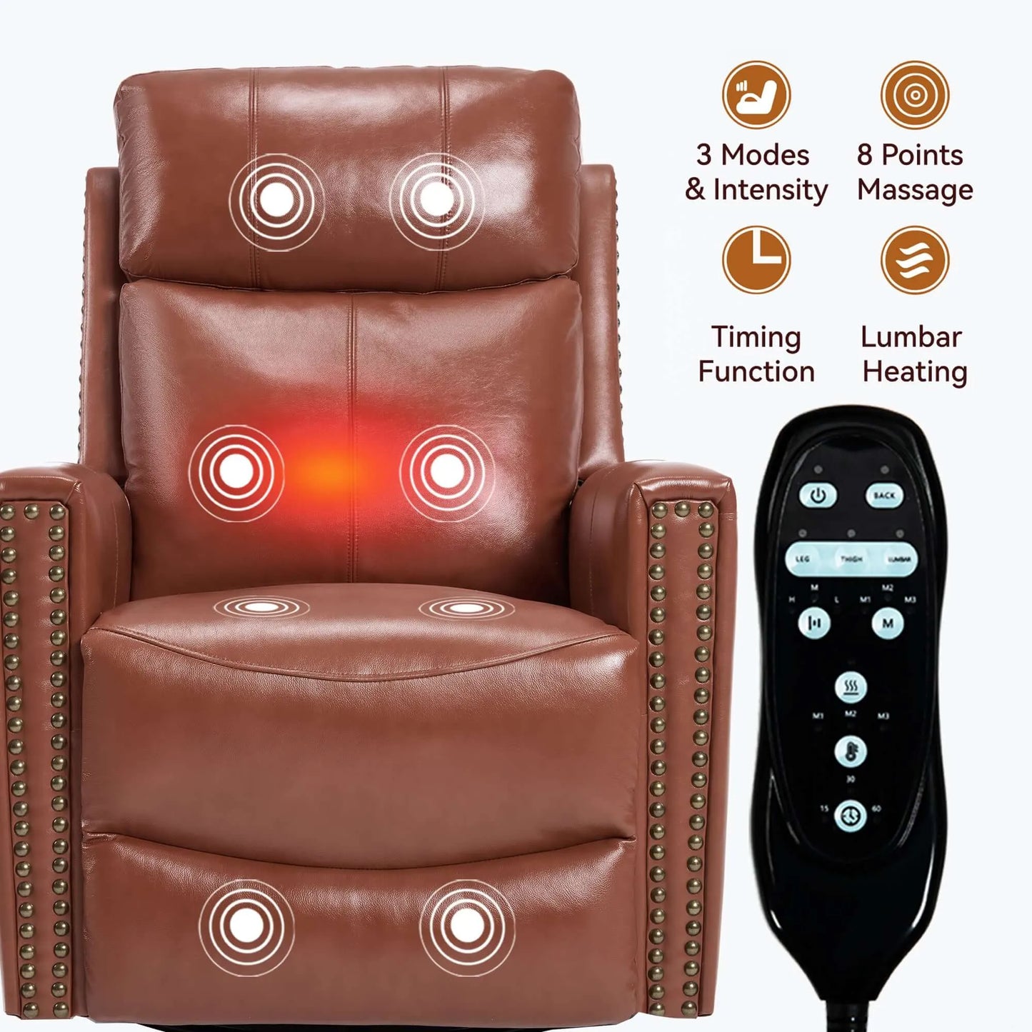 Brown massage chair with remote control on a white background