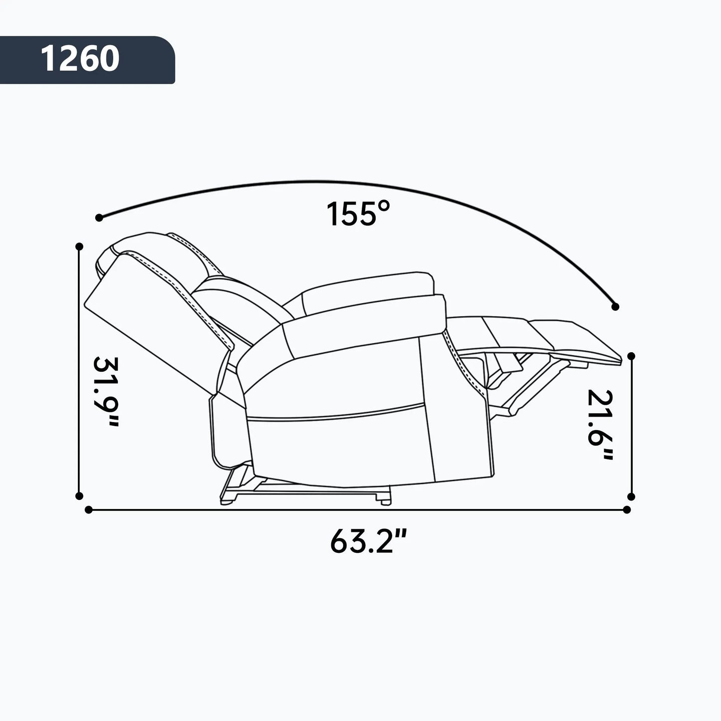 Diagram of a recliner chair with dimensions labeled