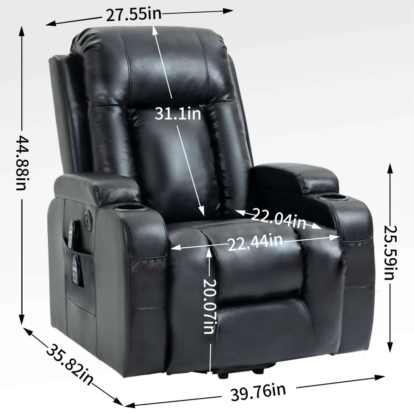 Black leather recliner chair with dimensions labeled on a white background