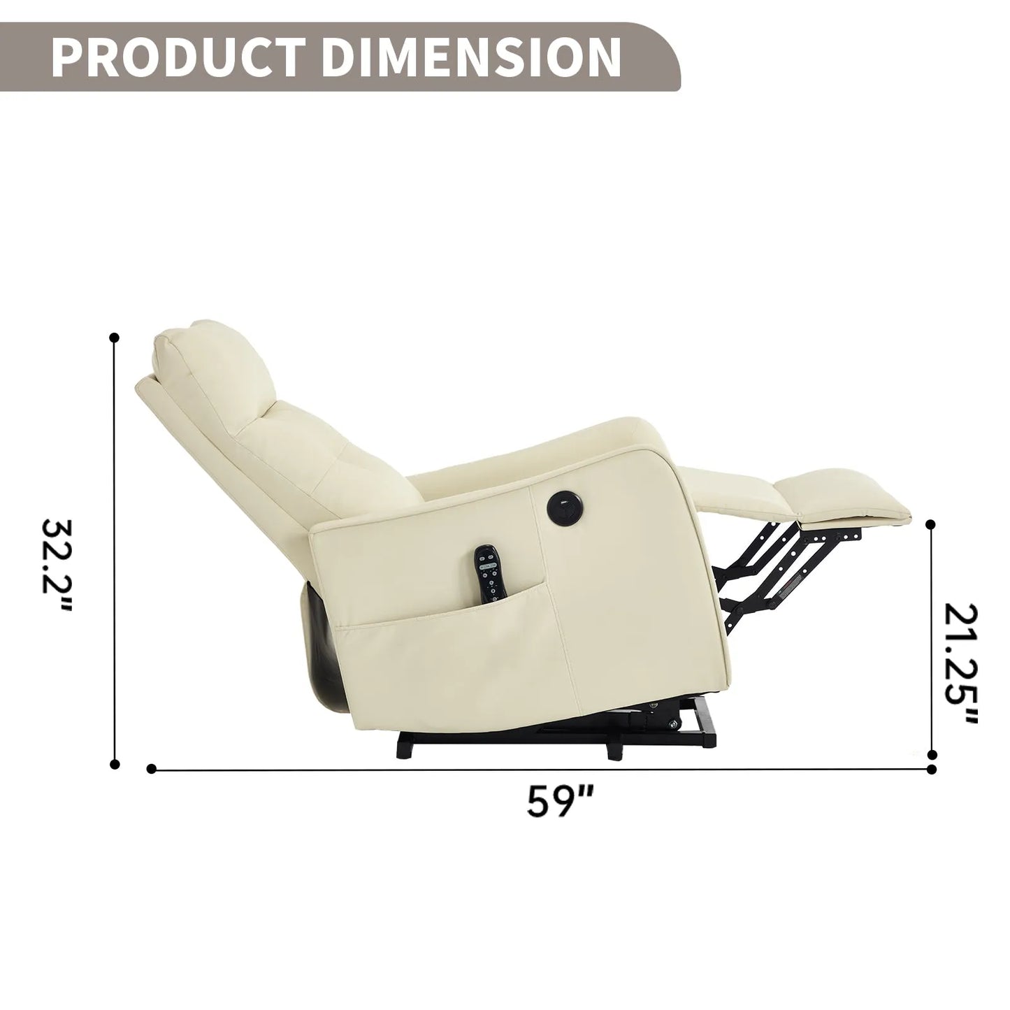 Beige recliner chair with dimensions labeled on a white background