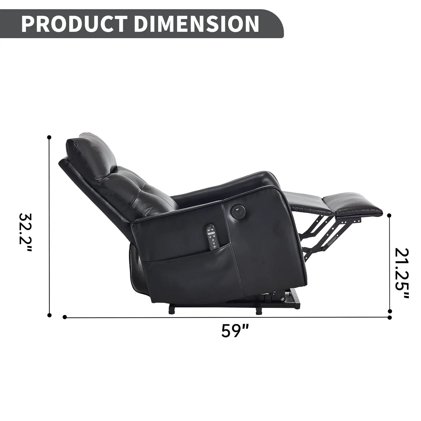 Black lift recliner chair with dimensions labeled on a white background