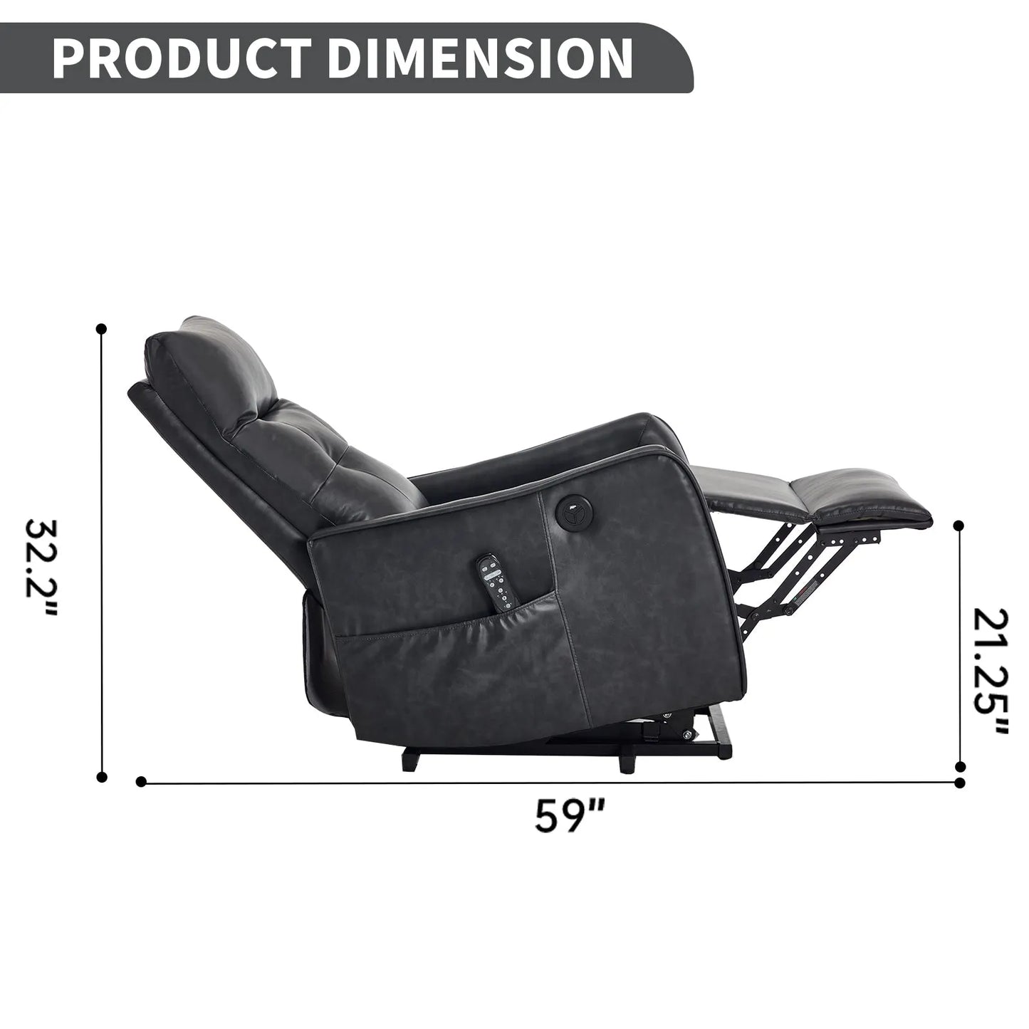 Black recliner chair with dimensions labeled on a white background