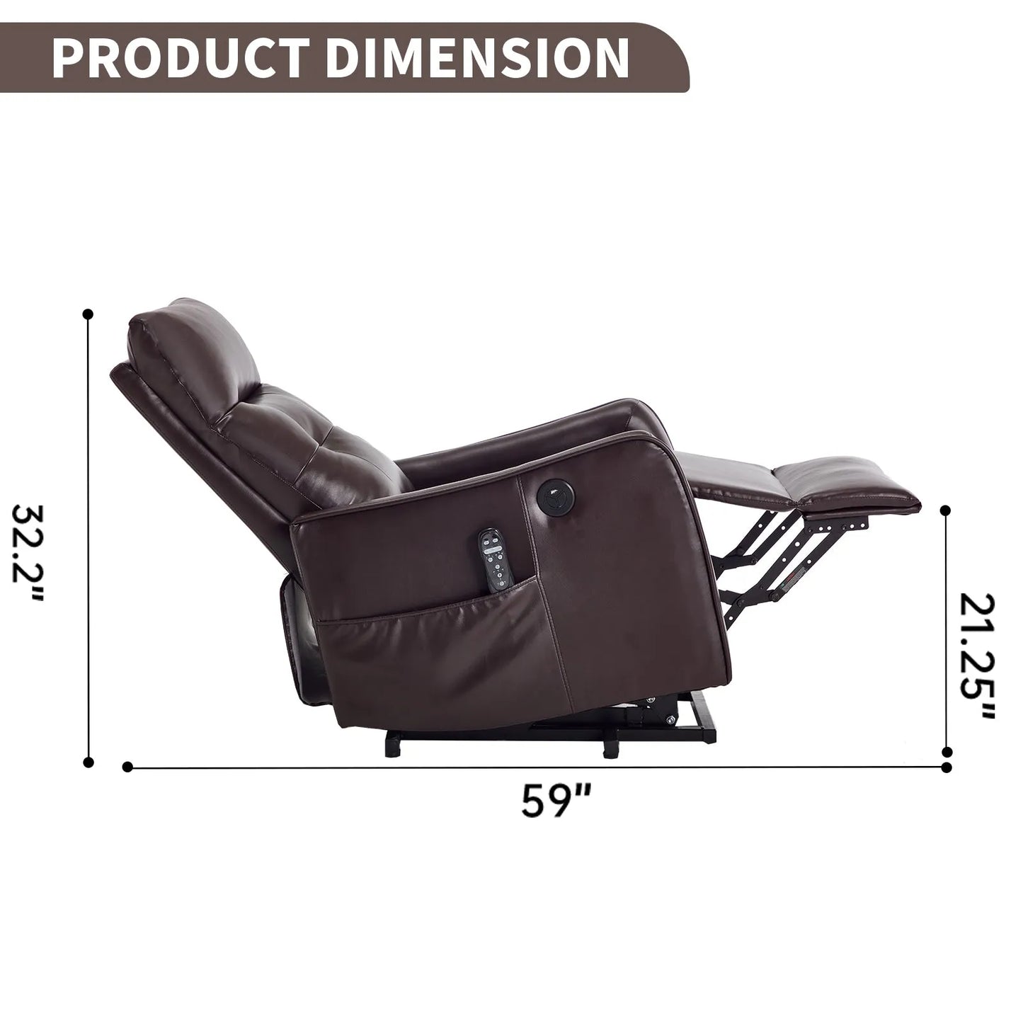 Brown recliner chair with dimensions labeled on a white background