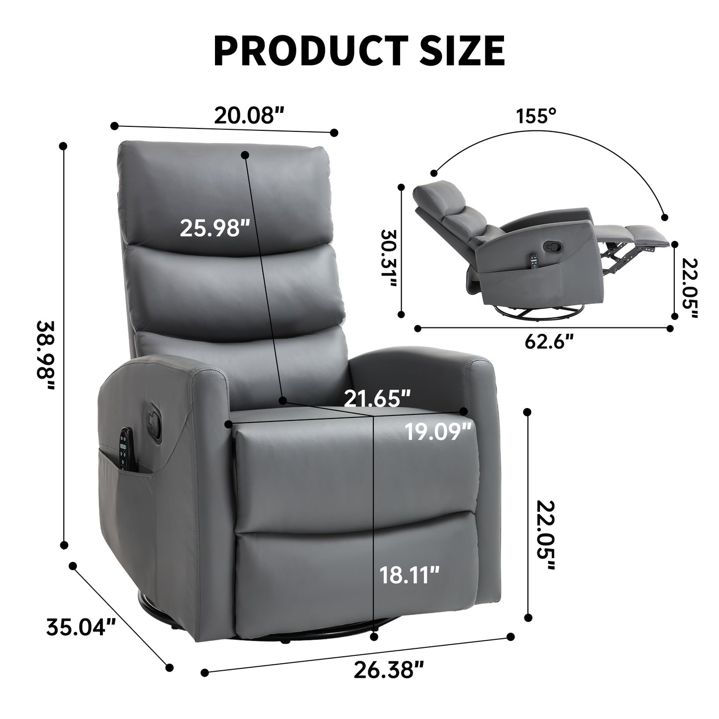 Gray recliner chair with dimensions labeled on a white background