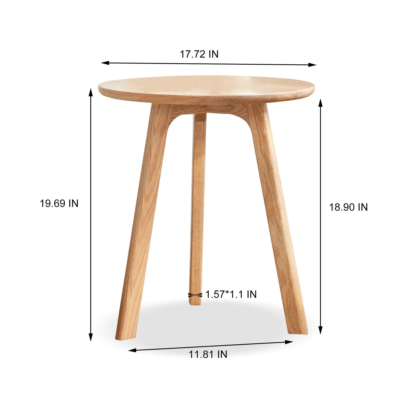 Wooden end table with dimensions labeled on a white background