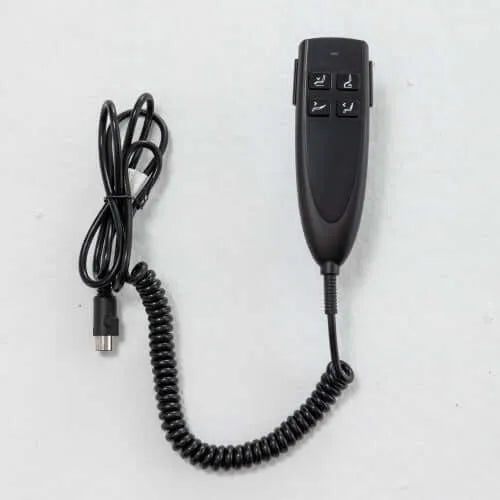 Black remote control with coiled cable on a white background