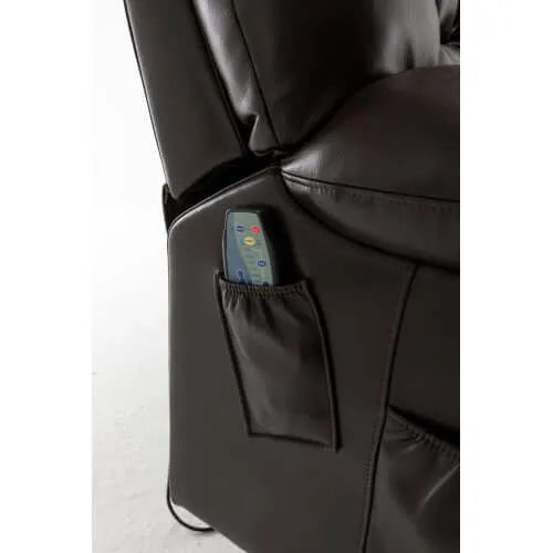Red wine faux leather recliner with a control panel pocket on a white background