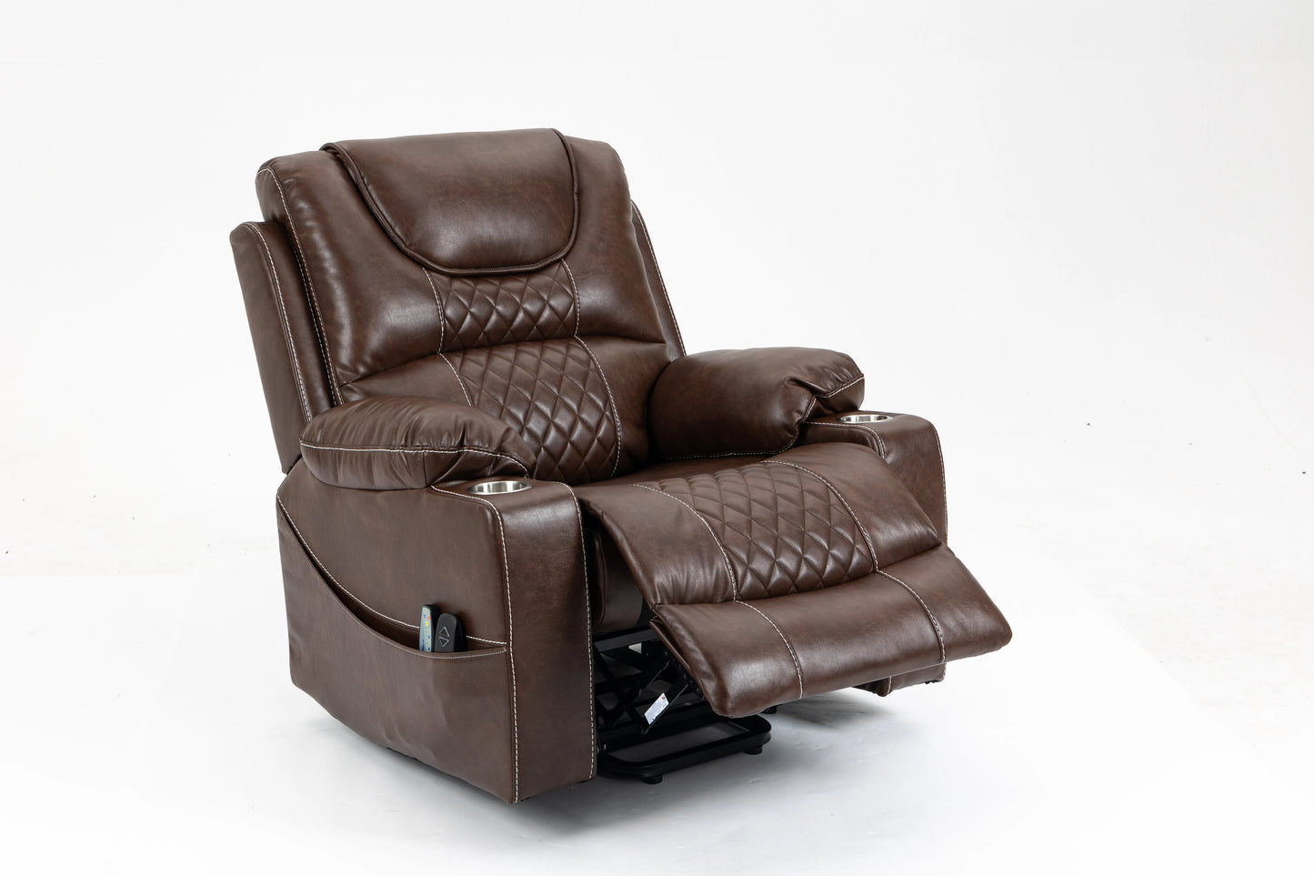 Brown Power Lift Recliner-Dual OKIN Motor, Heat & Massage Cup Holders