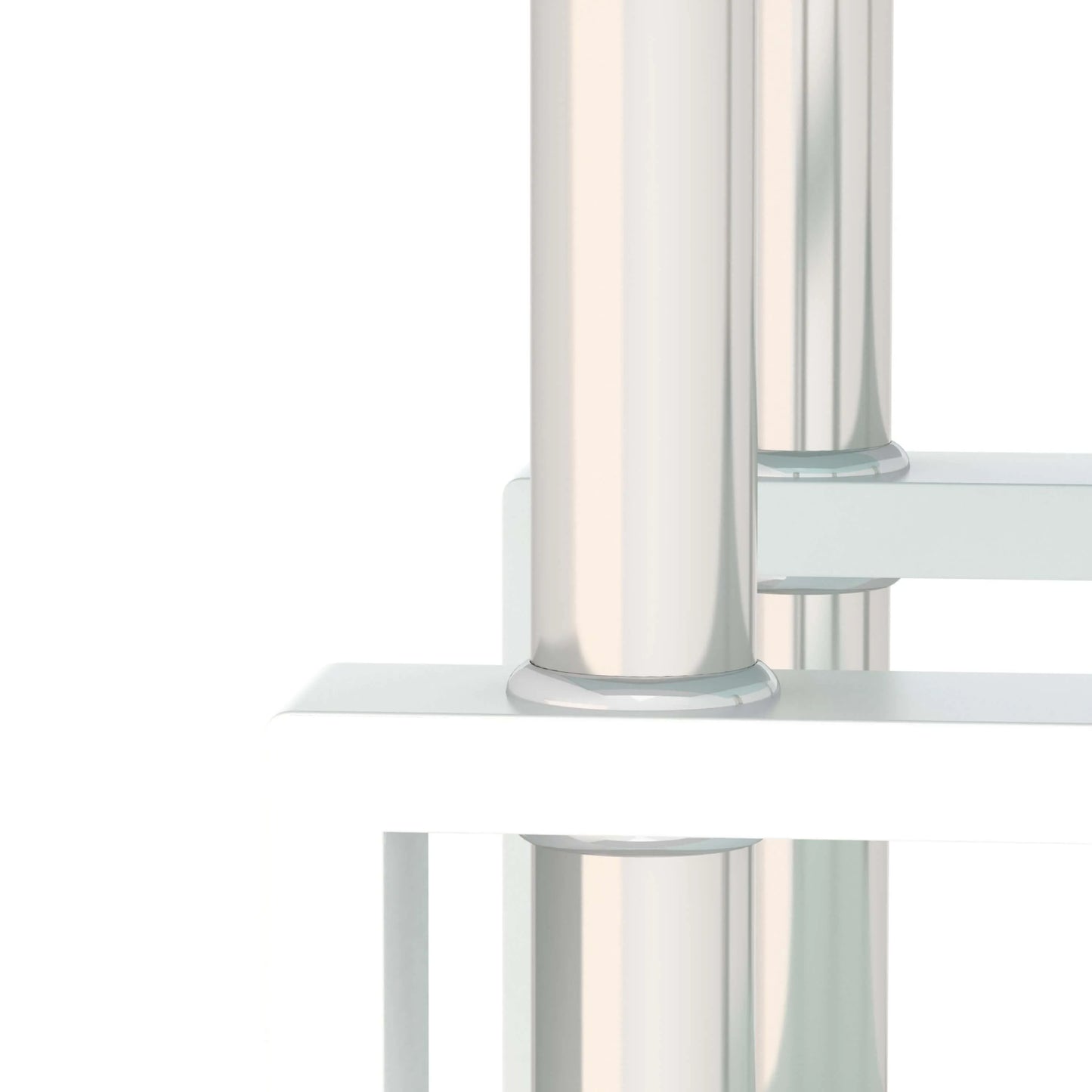 Modern white end table close up of chrome legs on white background