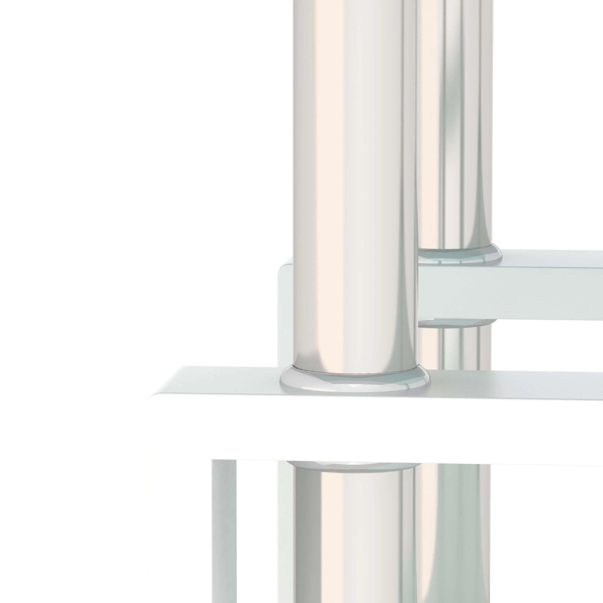 Modern white end table close up of chrome legs on white background