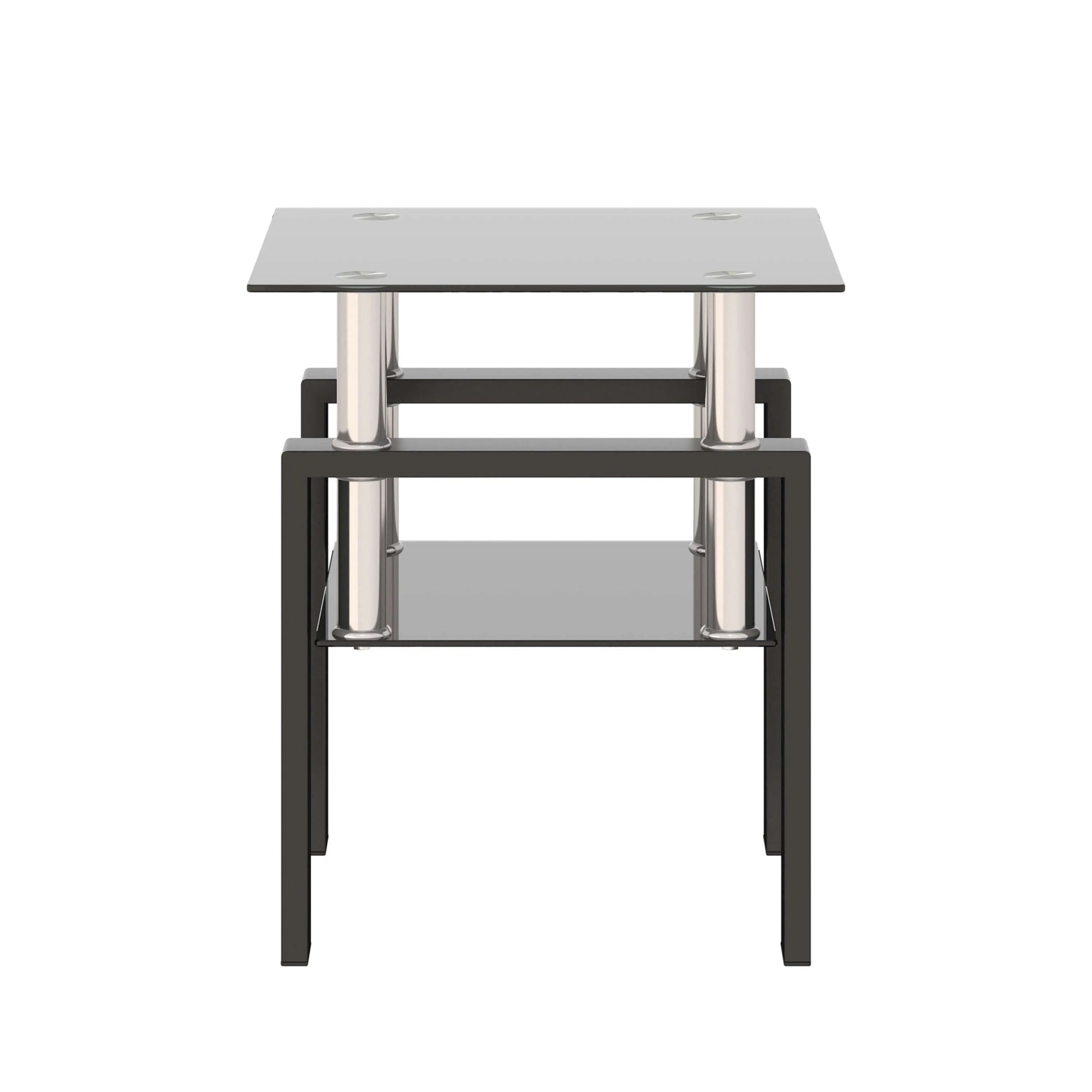 End table with a black glass top and shelf with a black and silver frame on a white background
