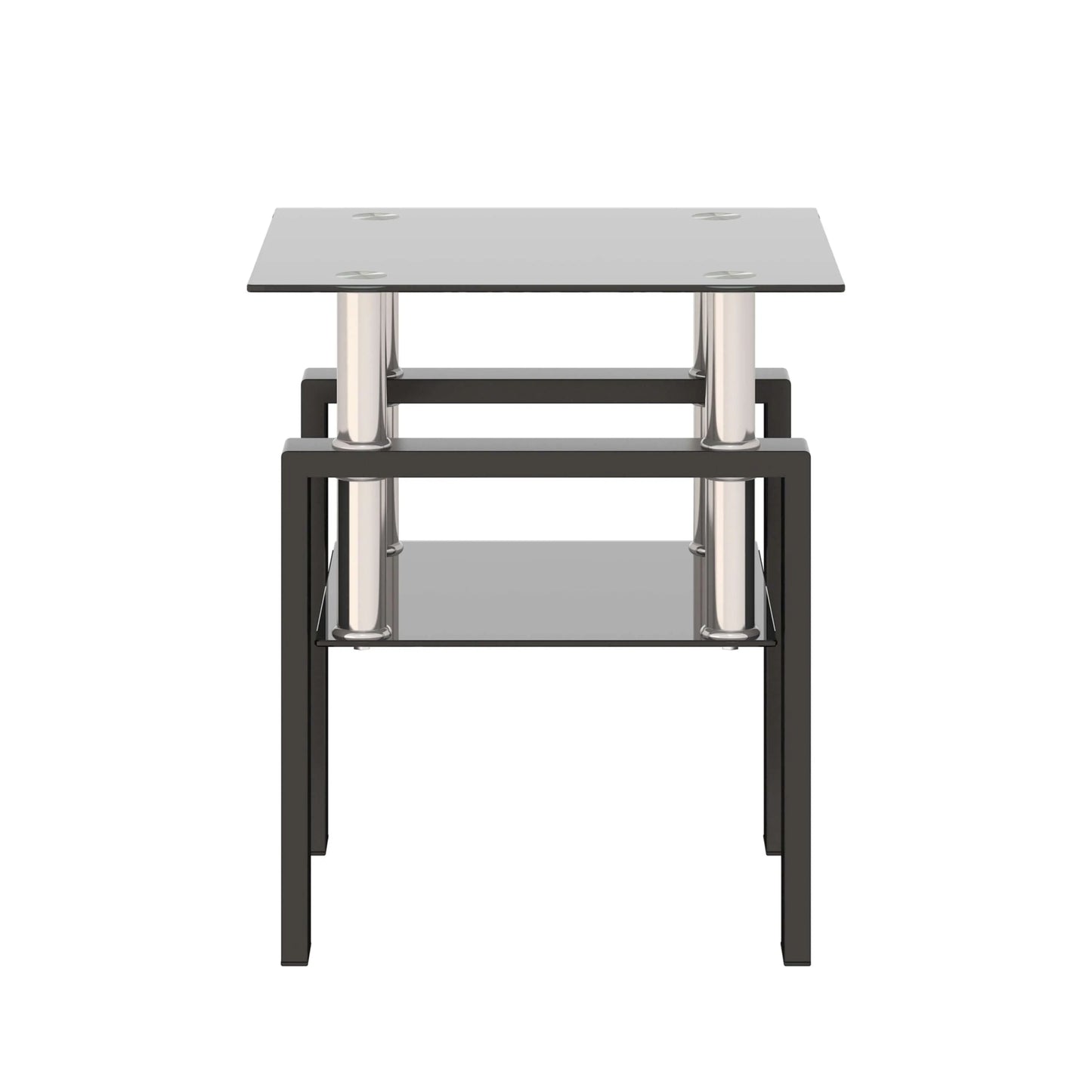 Small end table with a black glass top and lower shelf with black metal frame on a white background