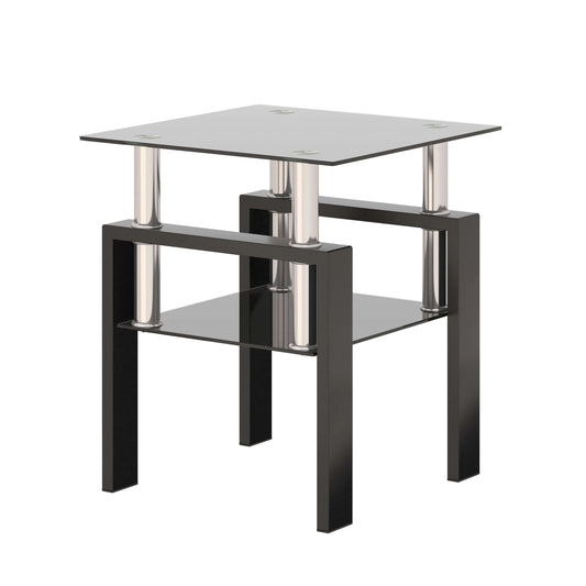 Glass top and shelf end table with black and silver metal frame on a white background