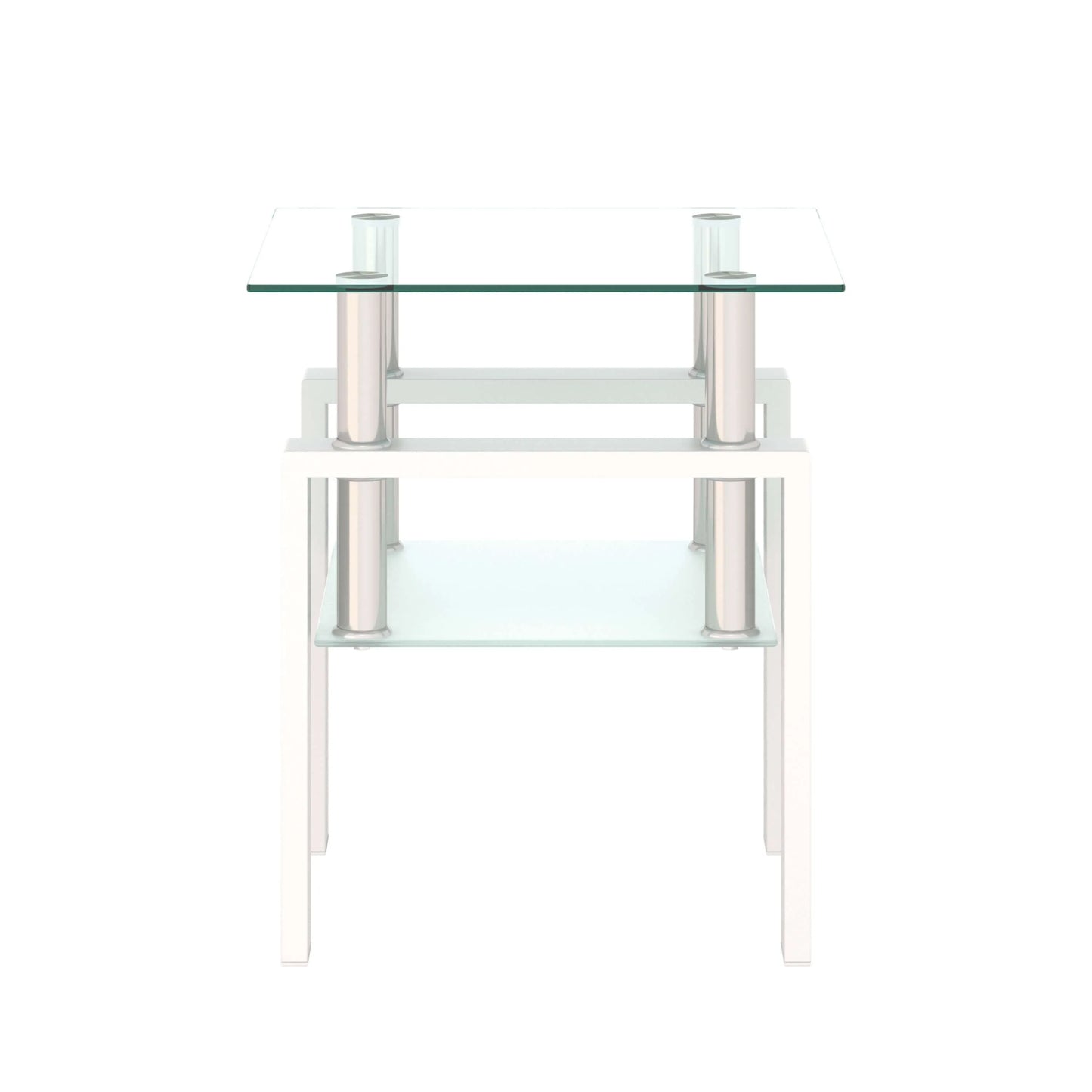 White end table with glass top and frosted glass shelf with white base on a white background