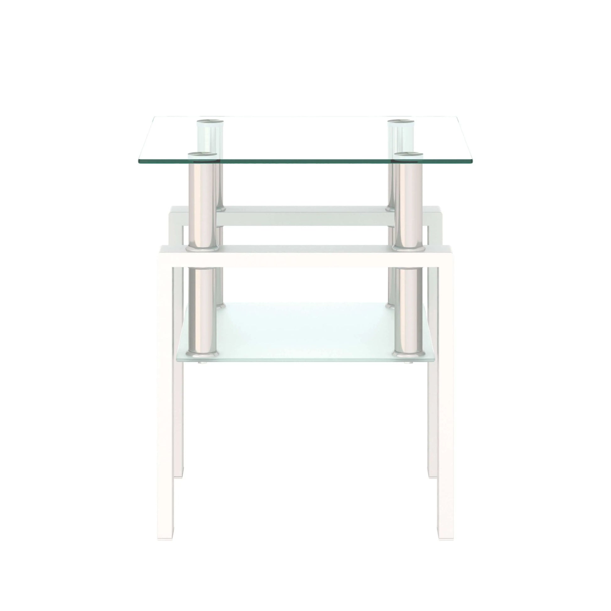 White end table with glass top and frosted glass shelf with white base on a white background