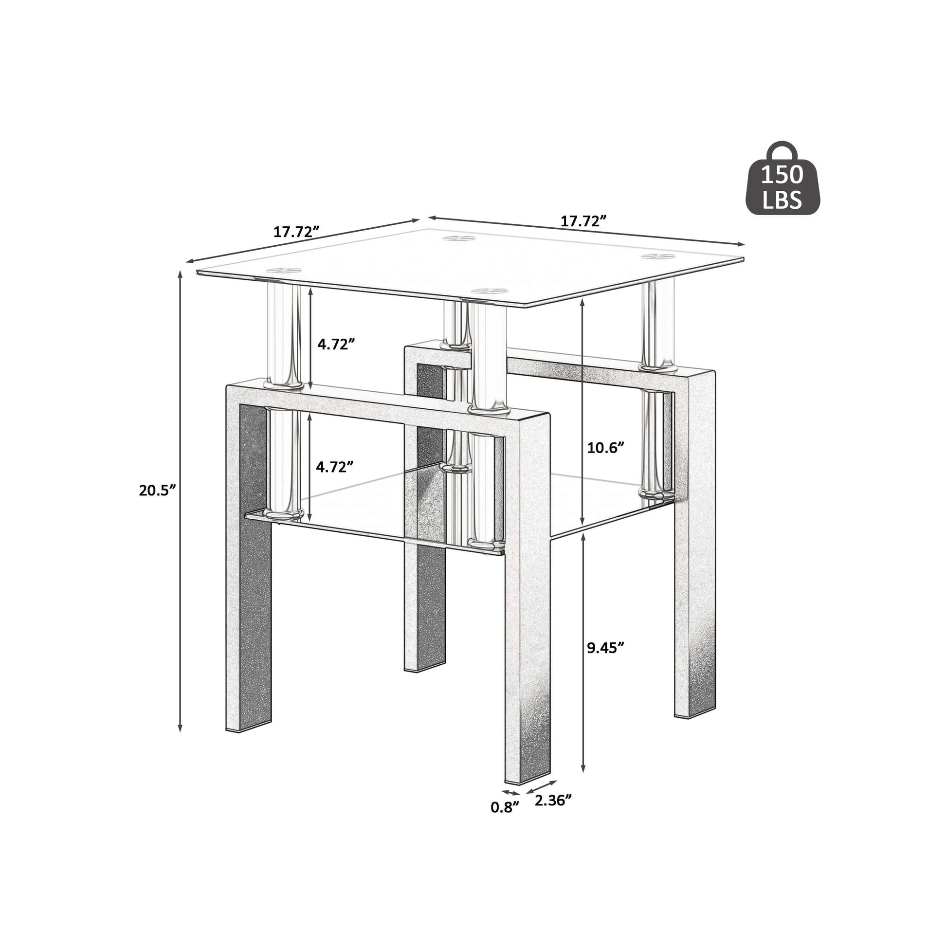Measurement chart of a glass table with dimensions and weight capacity.