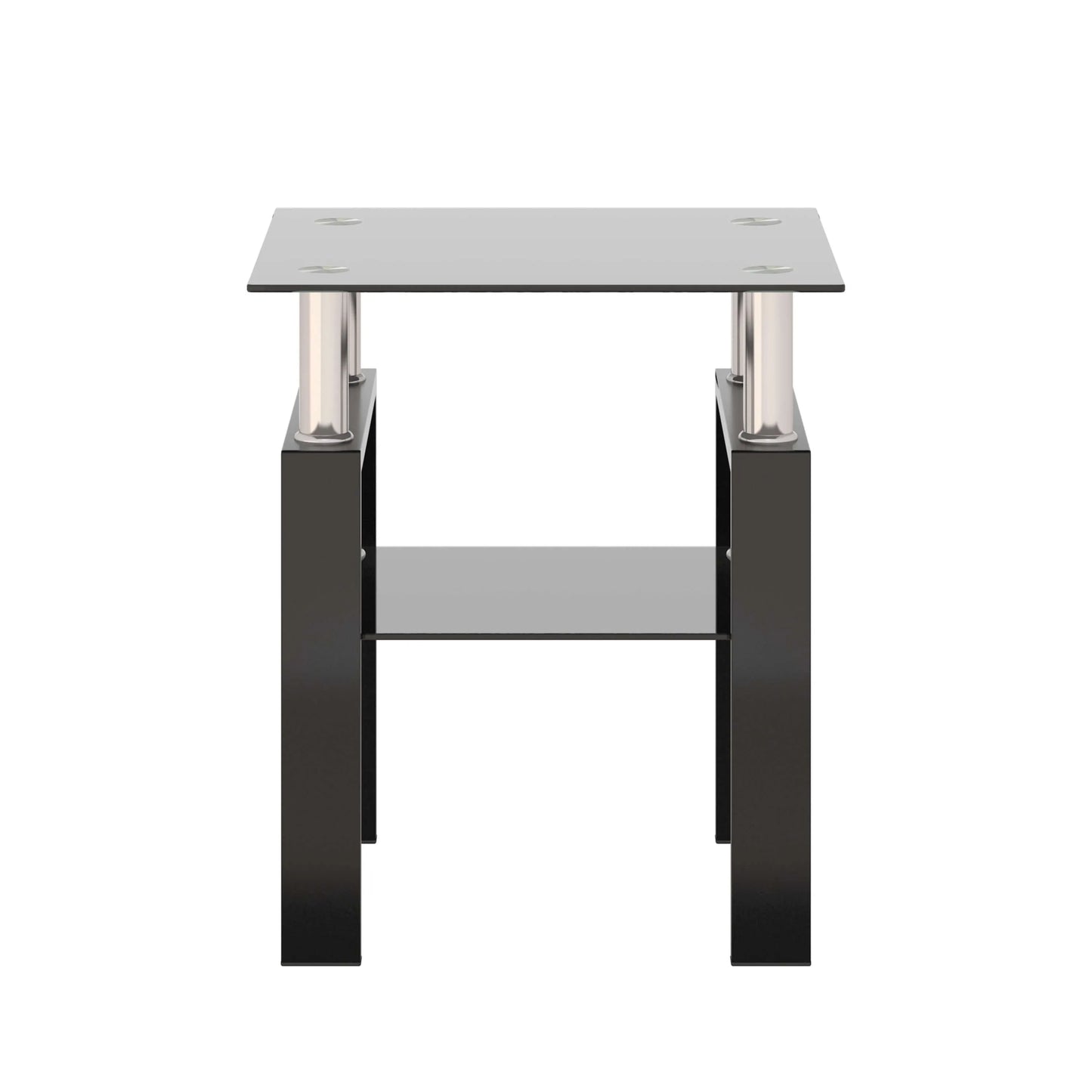 End table with a glass top and lower shelf with black metal legs on a white background