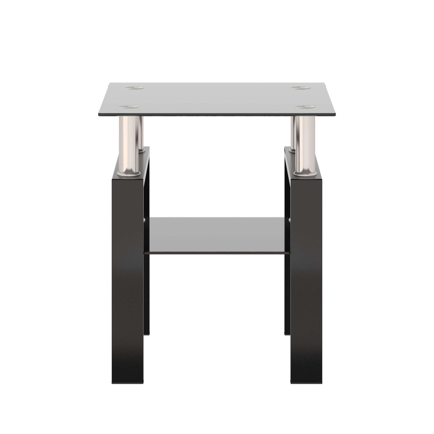 Small end table with a black glass top and lower black glass shelf with black metal legs on a white background