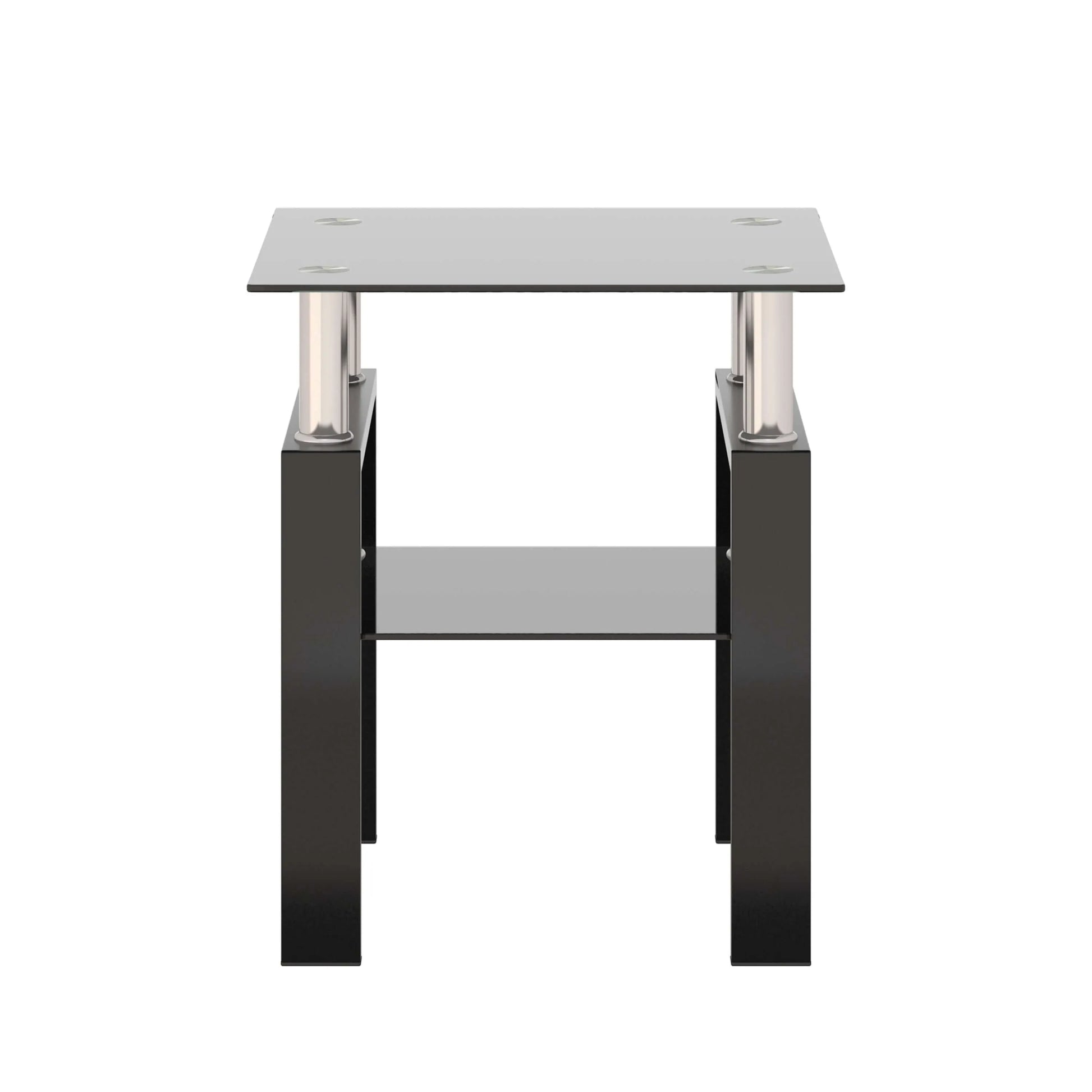 Small end table with a black glass top and lower black glass shelf with black metal legs on a white background