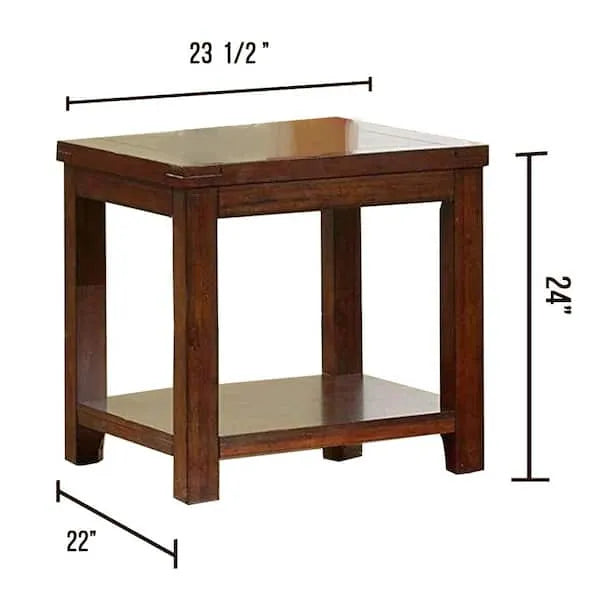 Dark cherry wooden end table with dimensions labeled on a white background