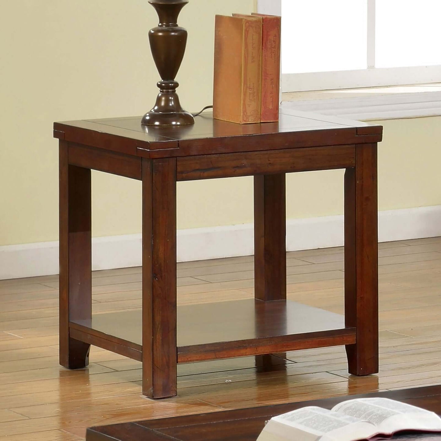 Dark Cherry End Table with Open Shelf & Wood Grain