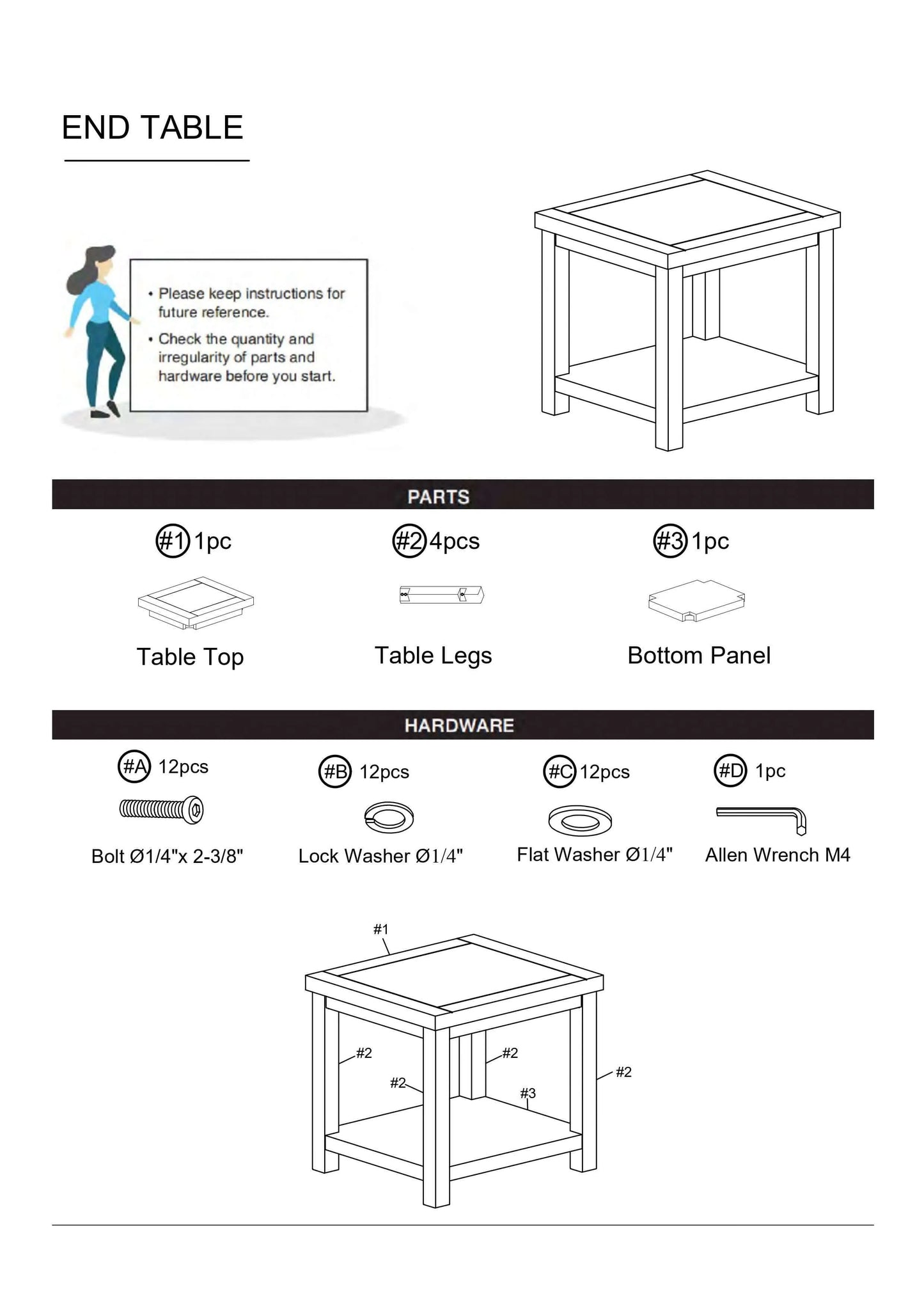 Technical diagram of a end table with parts and hardware list on a white background