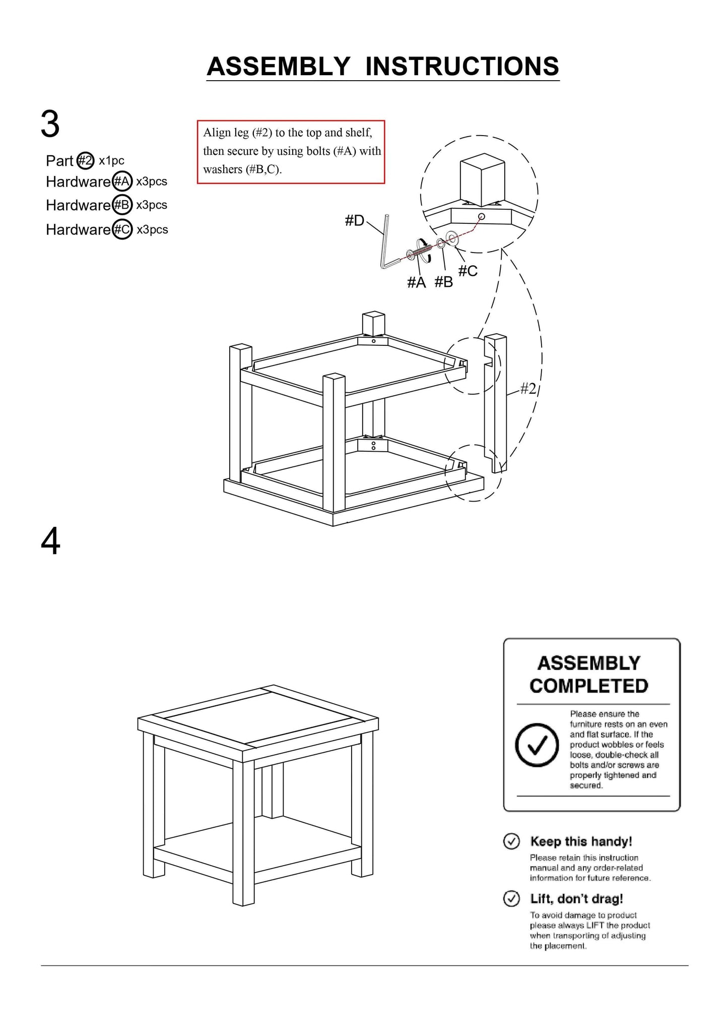 Assembly instructions for a piece of furniture with diagrams and text.