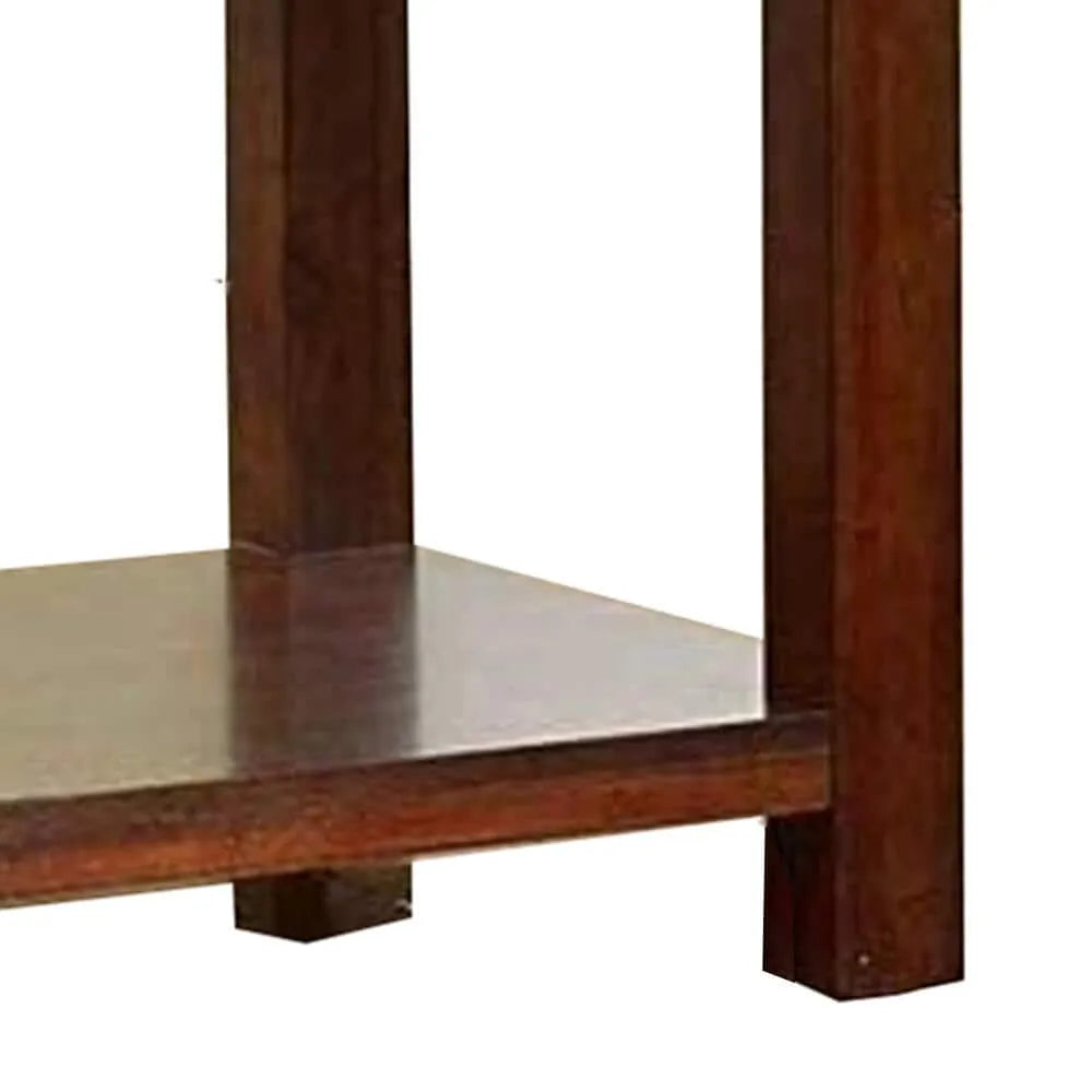 Dark Cherry end table lower wooden shelf and legs with a white background