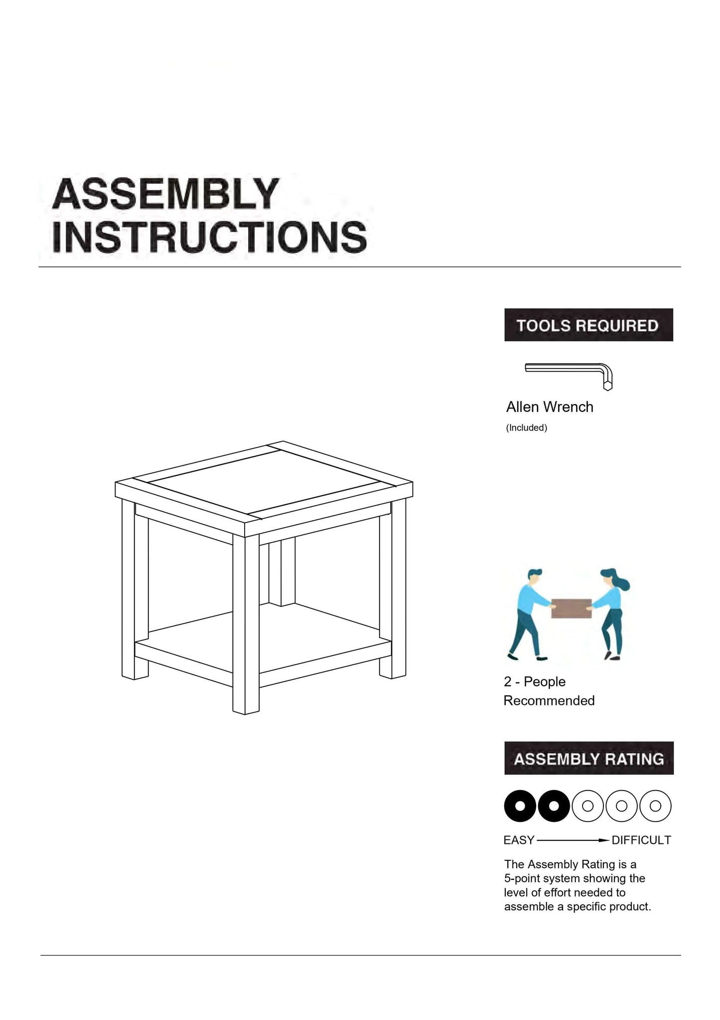 Assembly instructions for a table with tools required and assembly rating.