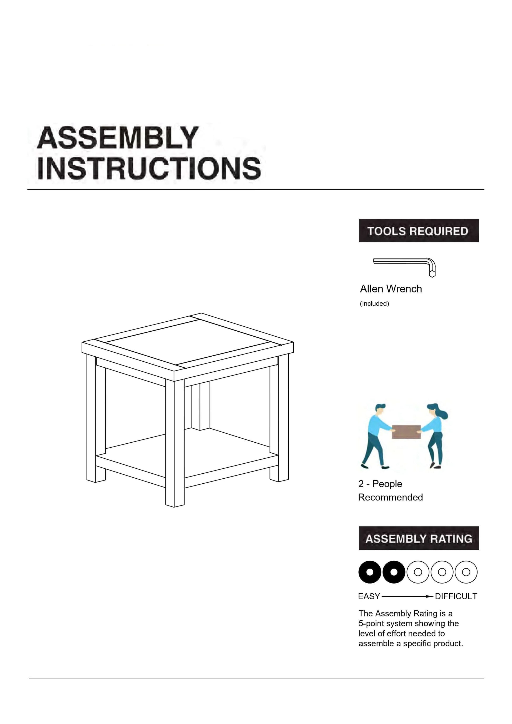 Assembly instructions for a table with tools required and assembly rating.