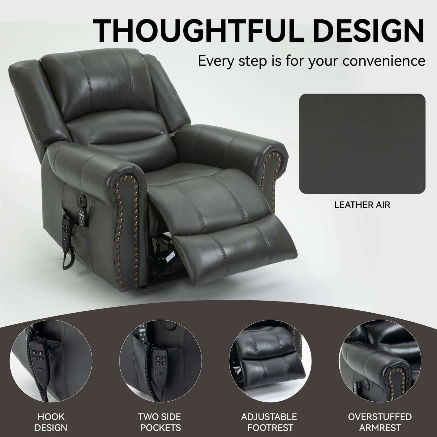 Power Lift Recliner Chair Heat Massage Dual Motor Infinite Position Up to 350 LBS, Genuine Leather, Heavy Duty Motion Mechanism with USB Ports, Black
