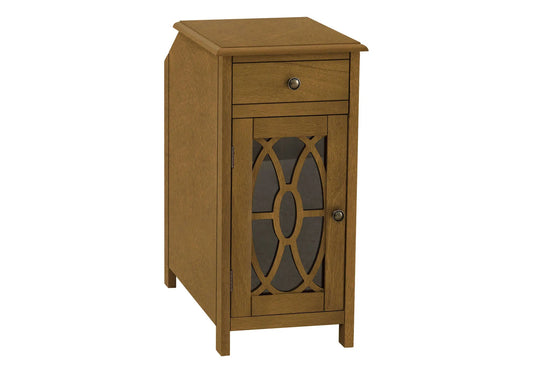 Wooden side table with a drawer and decorative glass door on a white background