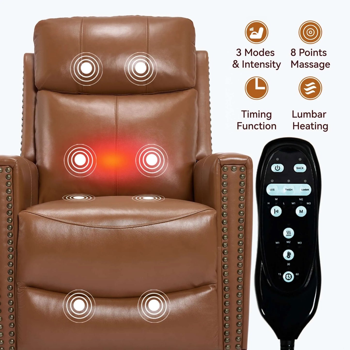Brown massage chair with massage points and remote control on a white background
