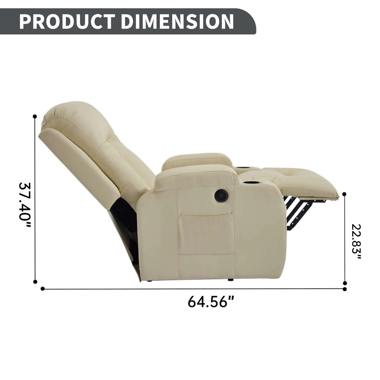 Beige recliner chair with dimensions labeled on a white background