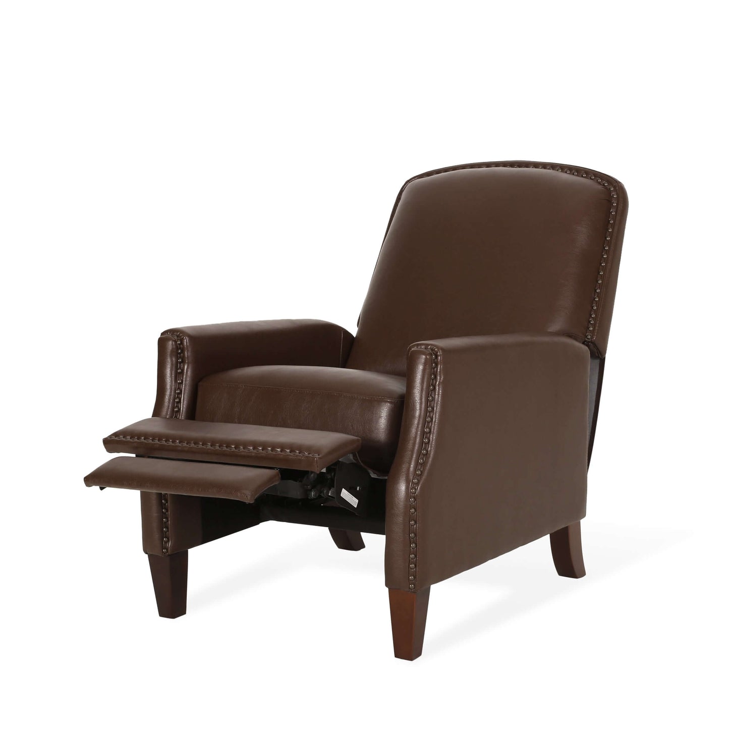 Dark Brown Recliner Chair with Rivets - Right angle view with foot rest up