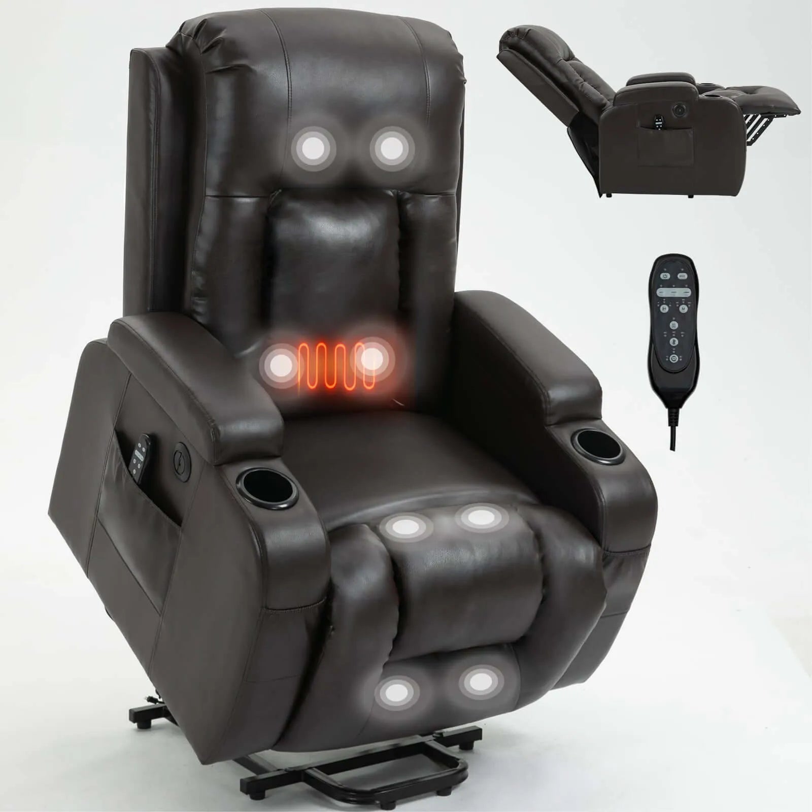 Dark brown leather massage chair with massage lights and remote control on a white background