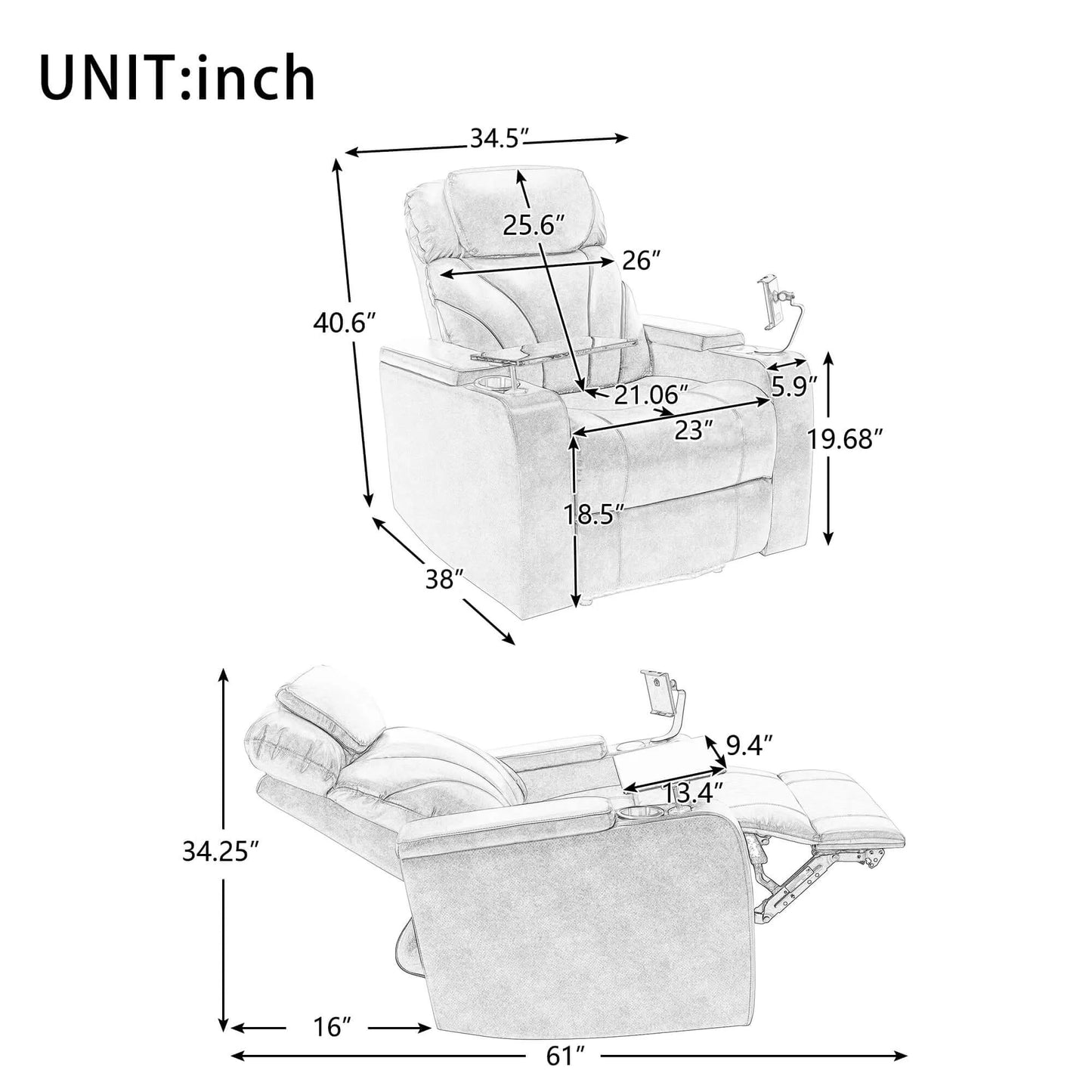 Measurement chart of a recliner chair with dimensions labeled in inches.