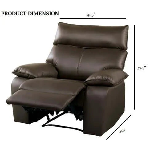 Brown faux leather recliner chair with dimensions on a white background