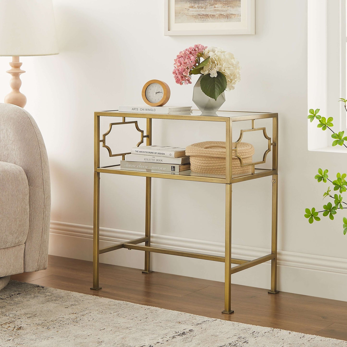Gretna Rectangular Antique Gold Metal and Glass Accent Table