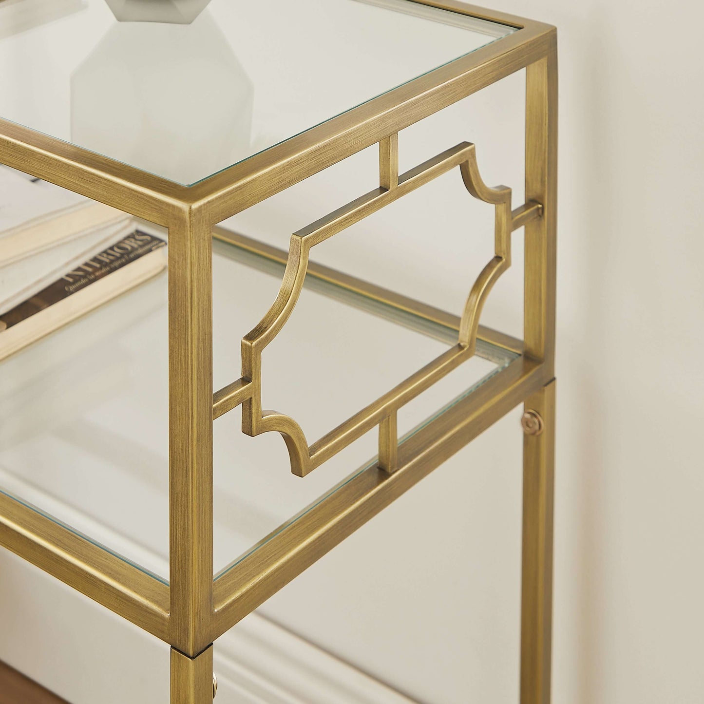 Gretna Rectangular Antique Gold Metal and Glass Accent Table
