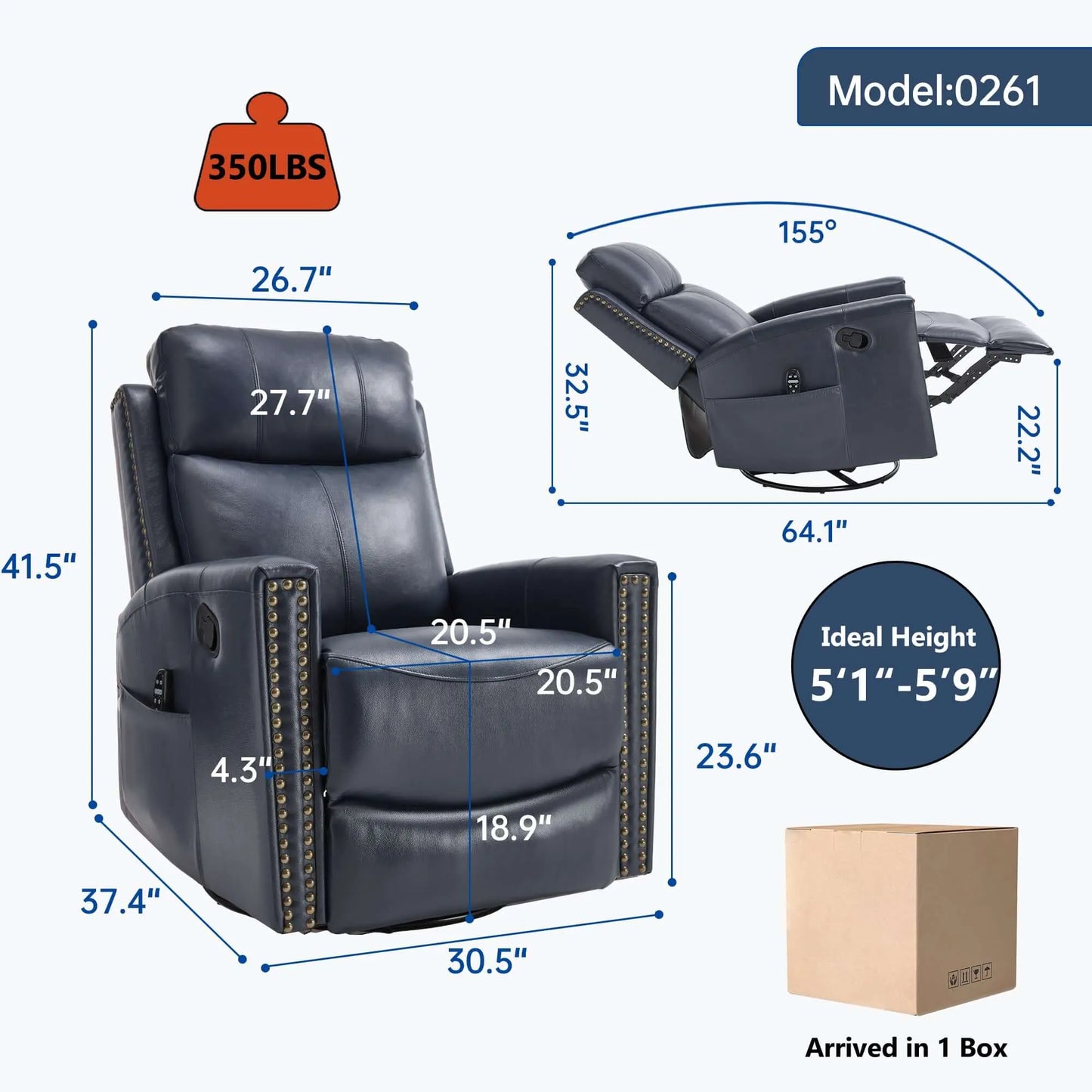 Blue recliner chair with dimensions and weight capacity details on a white background