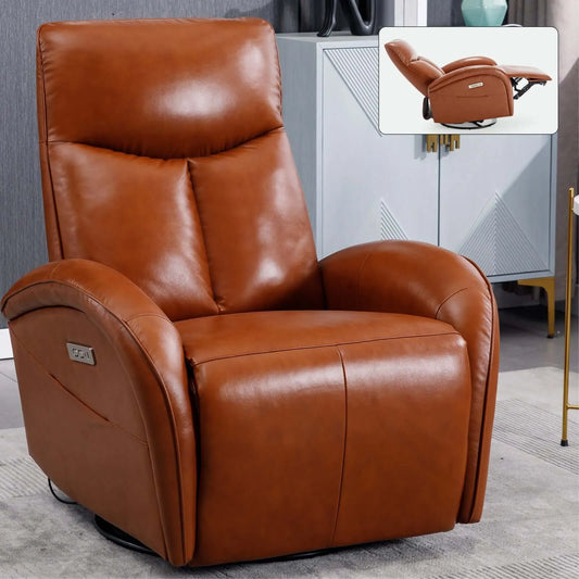 Yellow Brown Genuine Leather Swivel and Rocker Power Recliner Chair