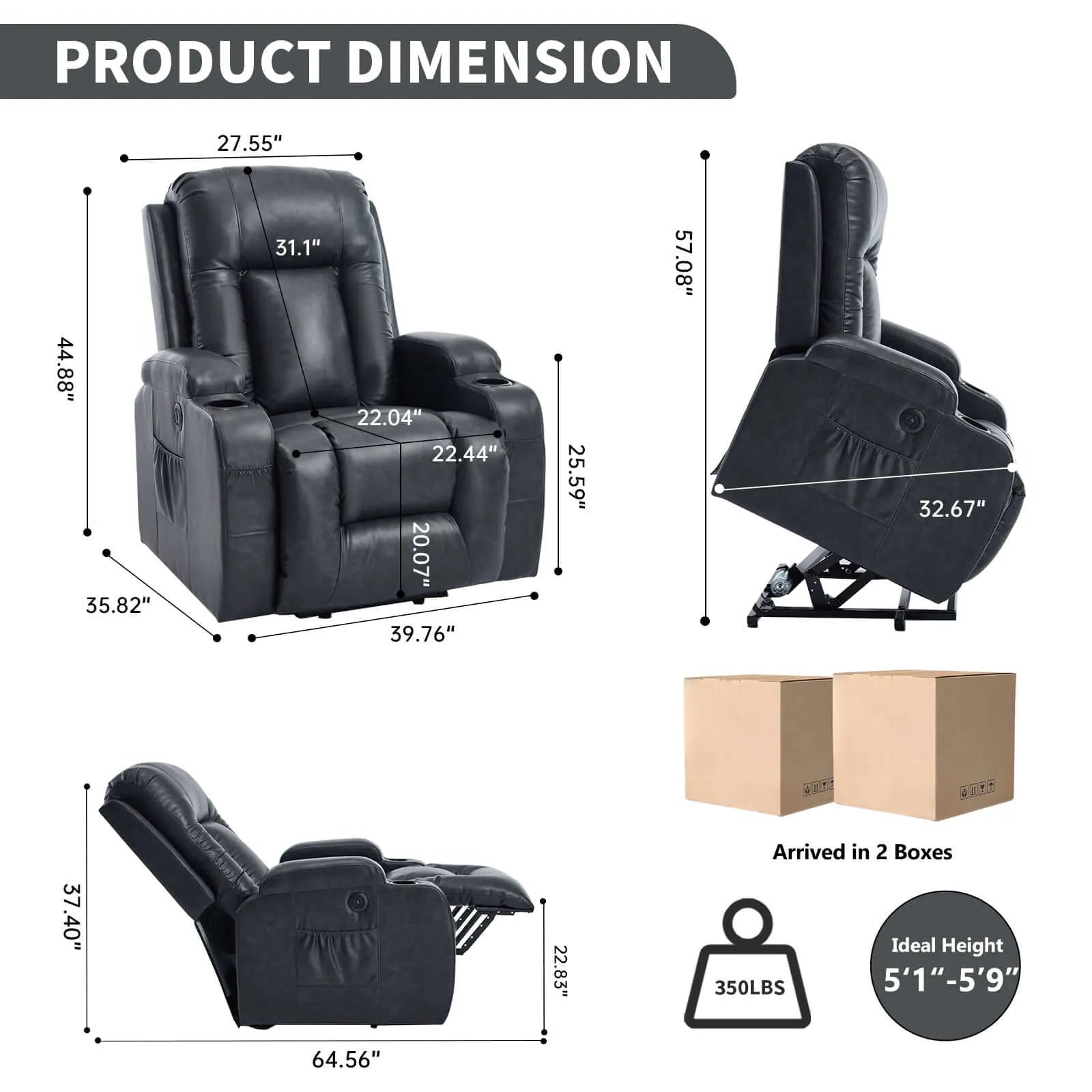 Black recliner chair with dimensions and product details on a white background