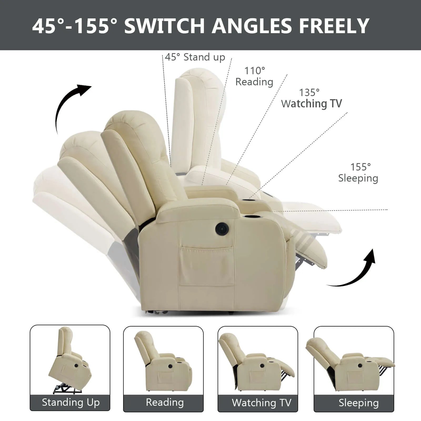 Beige recliner chair with adjustable angles shown on a white background